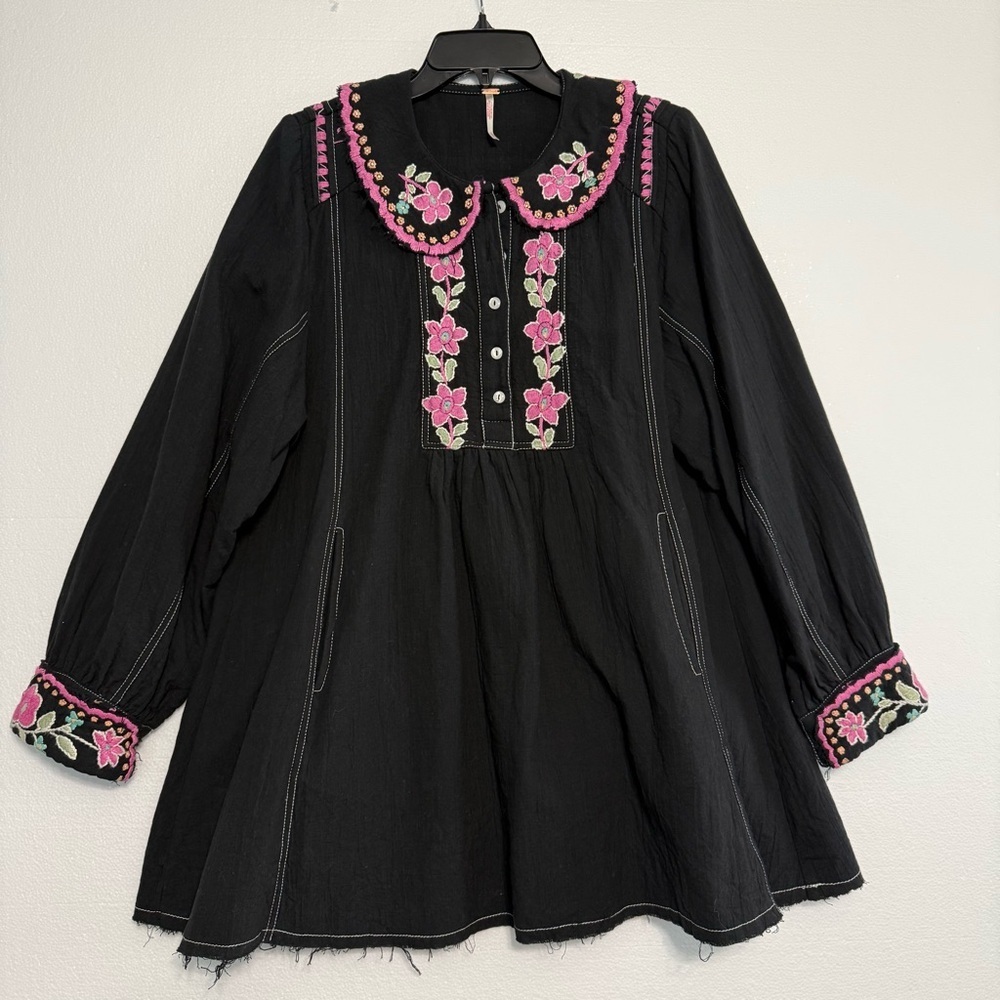 Free People More To Come Embroidered Floral Oversized Tunic Dress Cotton Size S